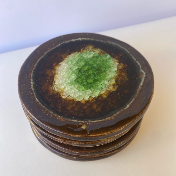 Handmade Ceramic Pottery Coasters with Crushed Glass/Crystal Center